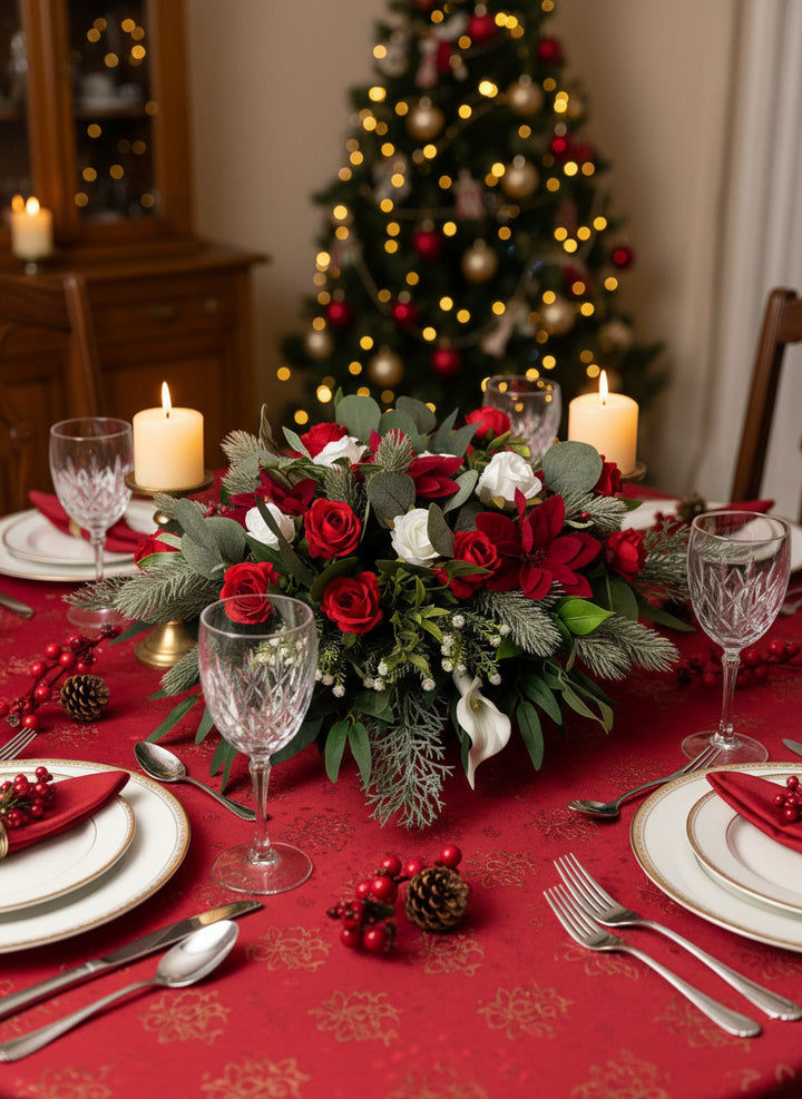 Artificial Christmas Table Decoration – Red & White Silk Flower Arrangement Claire De Fleurs