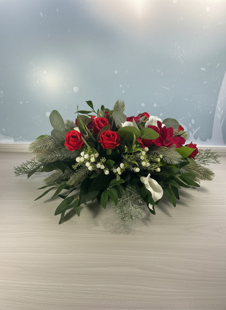 Artificial Christmas Table Decoration – Red & White Silk Flower Arrangement Claire De Fleurs