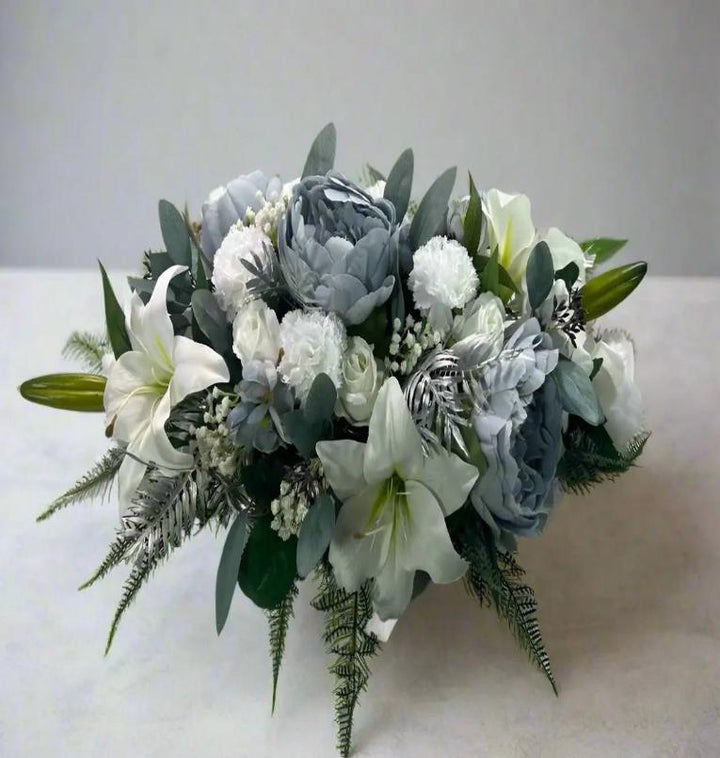 Artificial Christmas White, Blue, and Silver Table Arrangement Claire De Fleurs