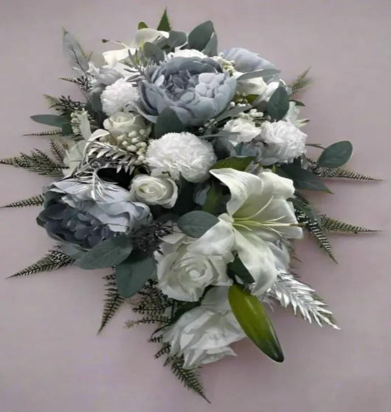 Artificial Christmas White, Blue, and Silver Table Arrangement Claire De Fleurs