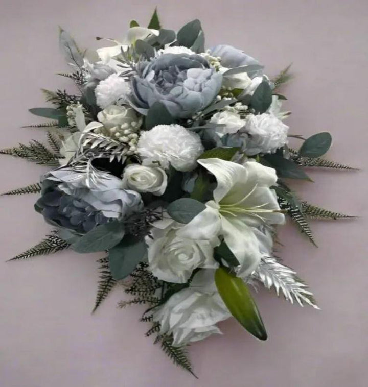 Artificial Christmas White, Blue, and Silver Table Arrangement Claire De Fleurs