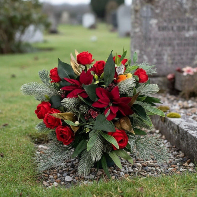 Artificial Grave Pot  – Red Roses And Ponisettia Memorial Flowers Claire De Fleurs