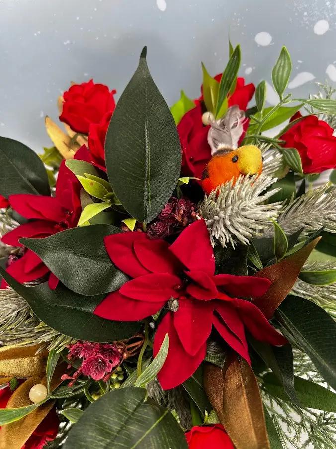 Artificial Grave Pot  – Red Roses And Ponisettia Memorial Flowers Claire De Fleurs