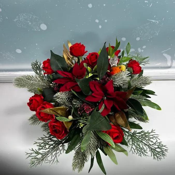 Artificial Grave Pot – Red Roses And Ponisettia Memorial Flowers Claire De Fleurs