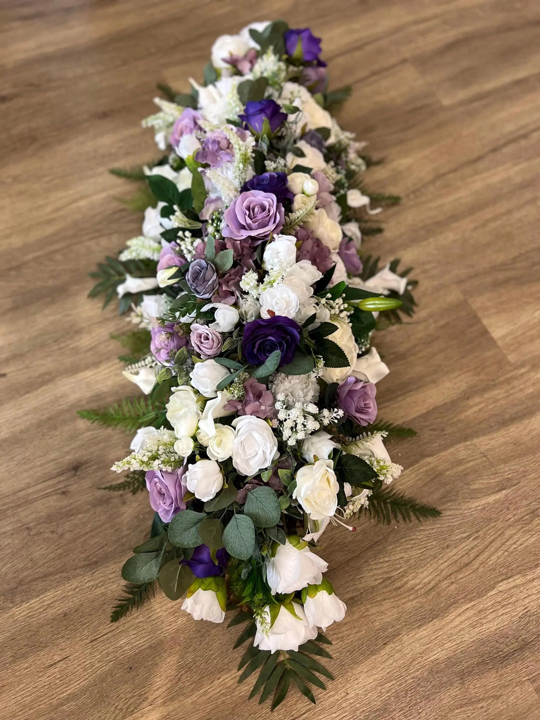 Artificial Lilac and Purple and White Silk Casket Spray Claire De Fleurs