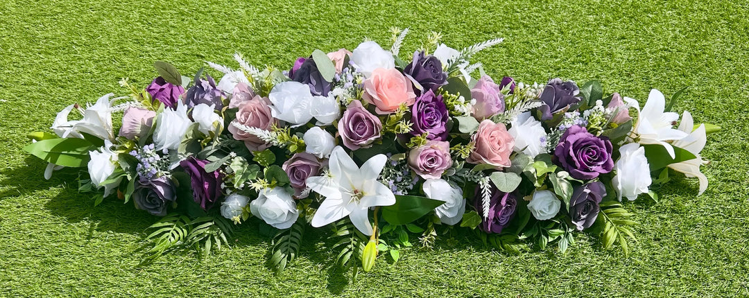 Artificial Lilac and Purple and White Silk Casket Spray Claire De Fleurs