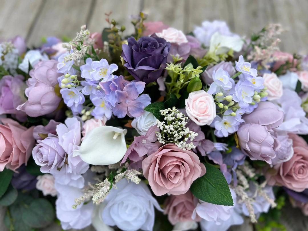 Artificial Lilac and Purple and White Silk Casket Spray -4 foot Claire De Fleurs