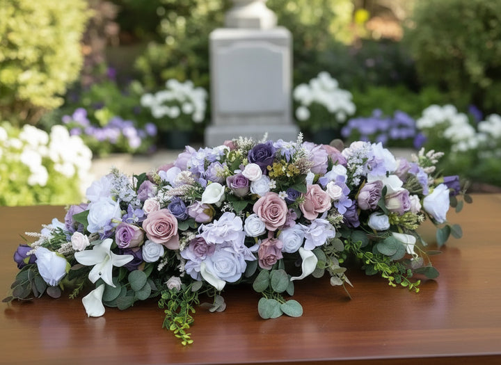 Artificial Lilac and Purple and White Silk Casket Spray -4 foot Claire De Fleurs