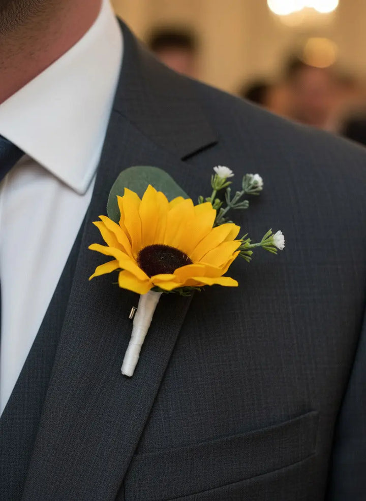 Artificial Sunflower And Gyp Baby’s Breath Bridal Bouquet - Wedding Keepsake Flowers Claire De Fleurs