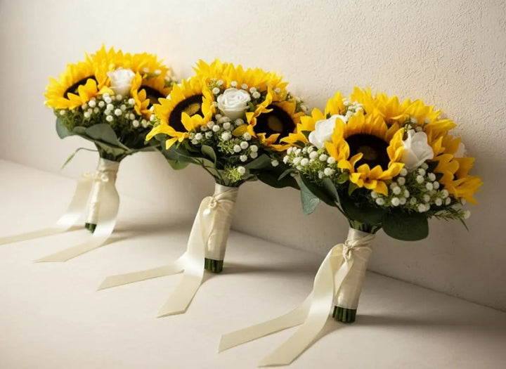 Artificial Sunflower And Gyp Baby’s Breath Bridal Bouquet - Wedding Keepsake Flowers Claire De Fleurs