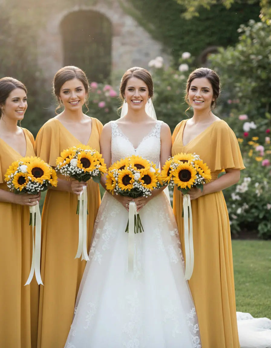 Artificial Sunflower And Gyp Baby’s Breath Bridal Bouquet - Wedding Keepsake Flowers Claire De Fleurs