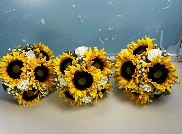 Artificial Sunflower And Gyp Baby’s Breath Bridal Bouquet - Wedding Keepsake Flowers Claire De Fleurs