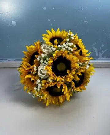 Artificial Sunflower And Gyp Baby’s Breath Bridal Bouquet - Wedding Keepsake Flowers Claire De Fleurs