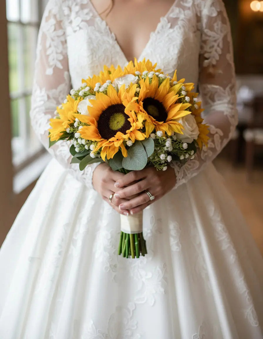 Artificial Sunflower And Gyp Baby’s Breath Bridal Bouquet - Wedding Keepsake Flowers Claire De Fleurs