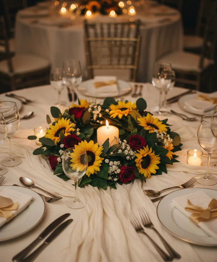 Floral wreath with sunflowers, red roses, and greenery on a white background