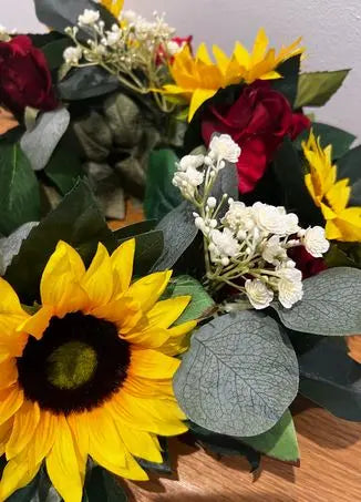 Artificial Table Wreath Centre Piece Decoration – Red Roses &  SunFlower Arrangement Claire De Fleurs