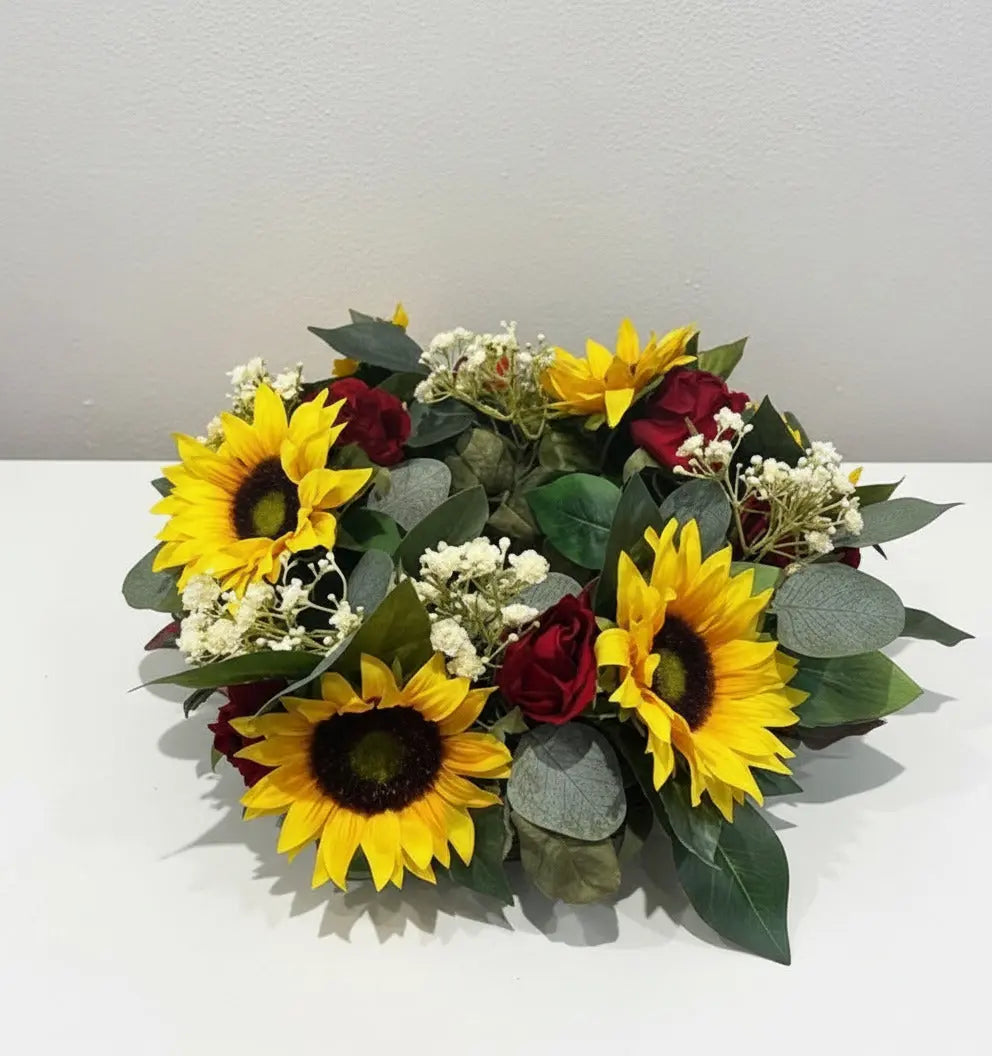 Artificial Table Wreath Centre Piece Decoration – Red Roses &  SunFlower Arrangement Claire De Fleurs