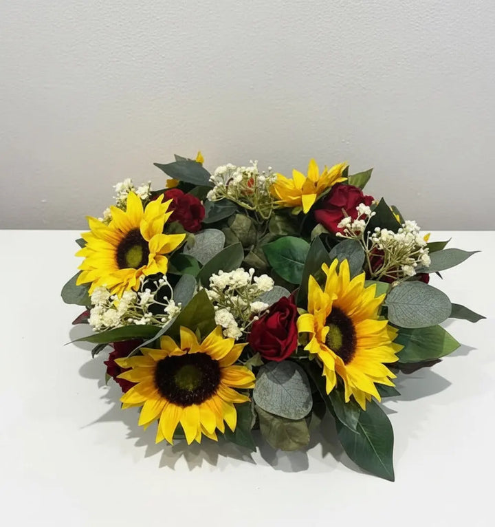 Artificial Table Wreath Centre Piece Decoration – Red Roses &  SunFlower Arrangement Claire De Fleurs