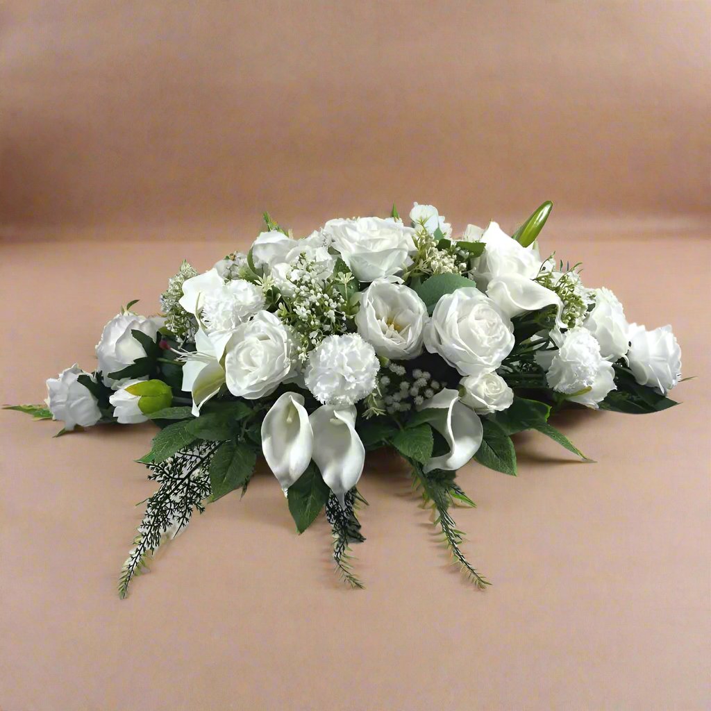 Artificial White Silk Flower Tribute Funeral Grave Flowers, Funeral Spray Claire De Fleurs