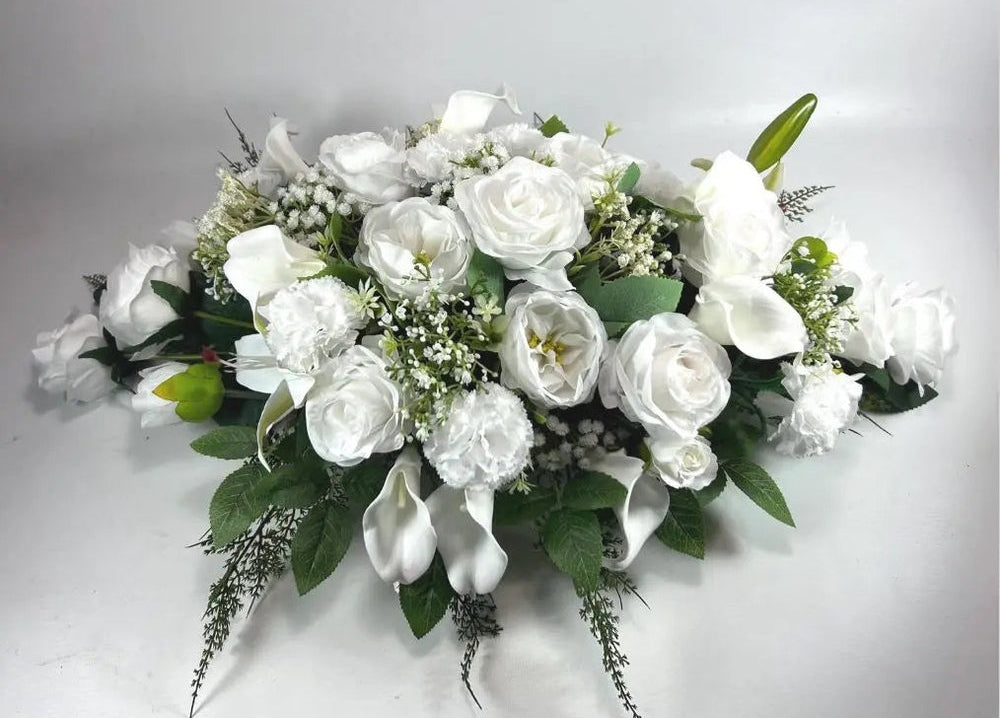 Artificial White Silk Flower Tribute Funeral Grave Flowers, Funeral Spray Claire De Fleurs