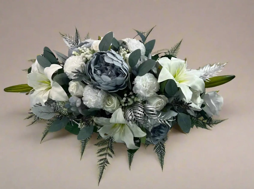 Artificial White, Blue And Silver Christmas Casket Spray Coffin Topper Funeral Flowers Memorial Flowers Claire De Fleurs