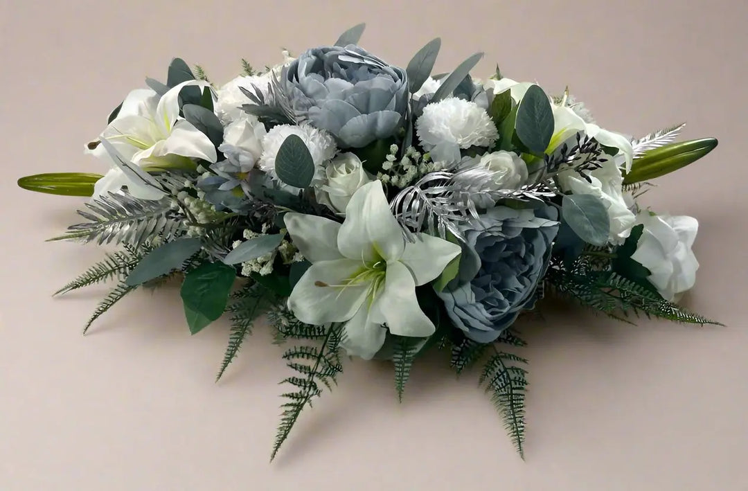 Artificial White, Blue And Silver Christmas Casket Spray Coffin Topper Funeral Flowers Memorial Flowers Claire De Fleurs