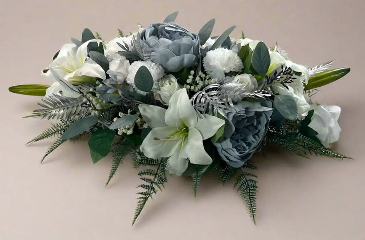 Artificial White, Blue And Silver Christmas Casket Spray Coffin Topper Funeral Flowers Memorial Flowers Claire De Fleurs