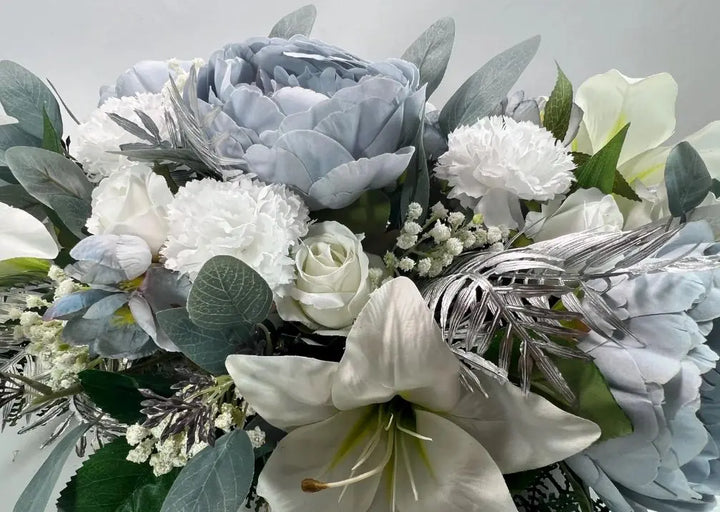 Artificial White, Blue And Silver Christmas Casket Spray Coffin Topper Funeral Flowers Memorial Flowers Claire De Fleurs