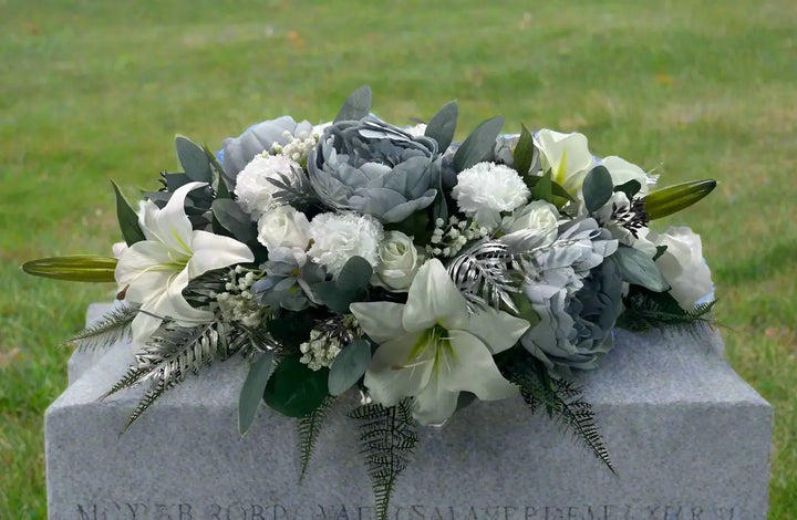 Artificial White, Blue And Silver Christmas Casket Spray Coffin Topper Funeral Flowers Memorial Flowers Claire De Fleurs