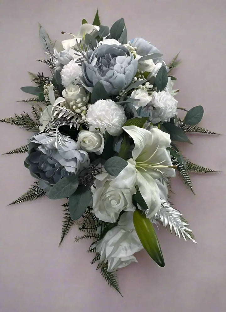 Artificial White, Blue And Silver Christmas Casket Spray Coffin Topper Funeral Flowers Memorial Flowers Claire De Fleurs