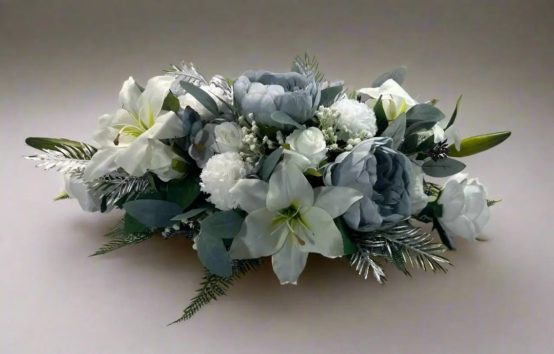 Artificial White, Blue And Silver Christmas Casket Spray Coffin Topper Funeral Flowers Memorial Flowers Claire De Fleurs