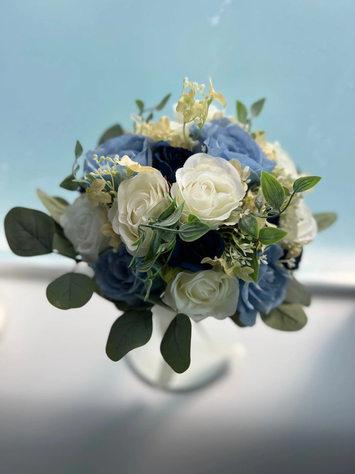 Blue And Ivory Artificial Wedding Bouquet Package Claire De Fleurs