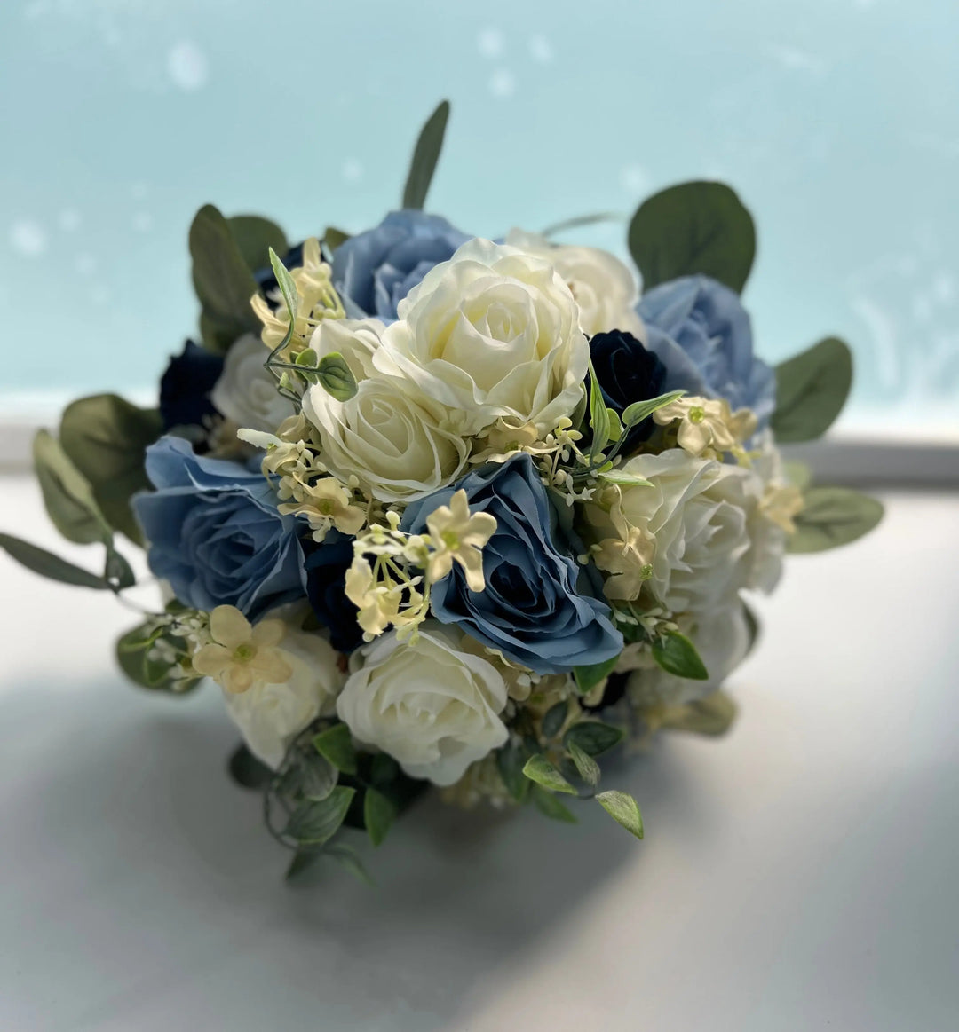 Blue And Ivory Artificial Wedding Bouquet Package Claire De Fleurs