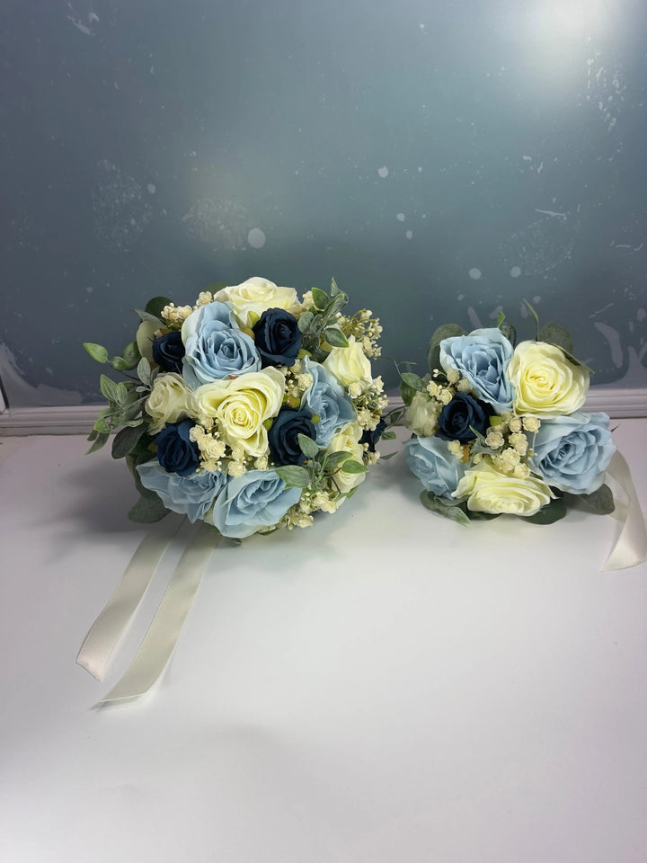 Blue And Ivory Artificial Wedding Bouquet Package Claire De Fleurs