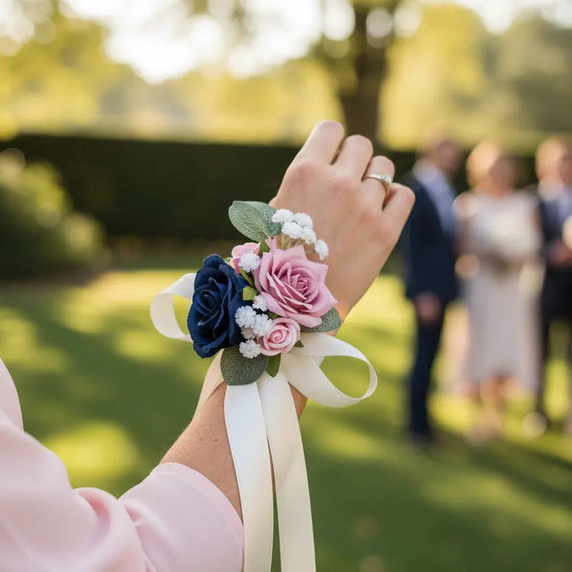 Blue And Pink Wrist Corsage Claire De Fleurs