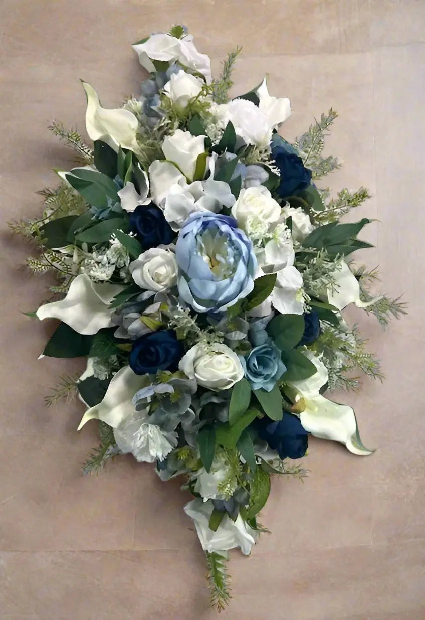 Blue And White Artificial Casket Spray Funeral Memorial Flowers Claire De Fleurs