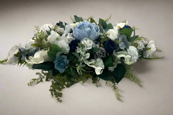 Blue And White Artificial Casket Spray Funeral Memorial Flowers Claire De Fleurs