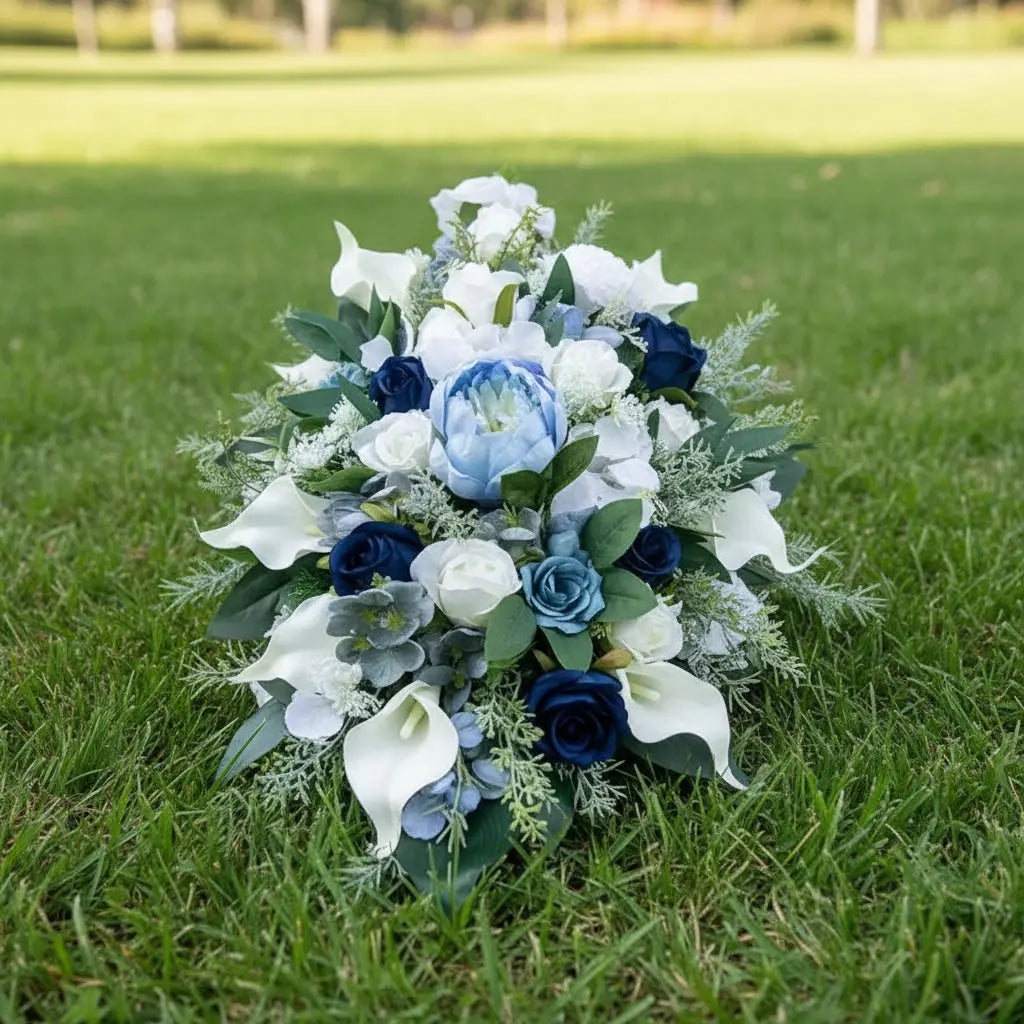 Blue And White Artificial Casket Spray Funeral Memorial Flowers Claire De Fleurs
