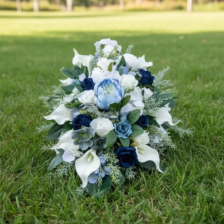 Blue And White Artificial Casket Spray Funeral Memorial Flowers Claire De Fleurs