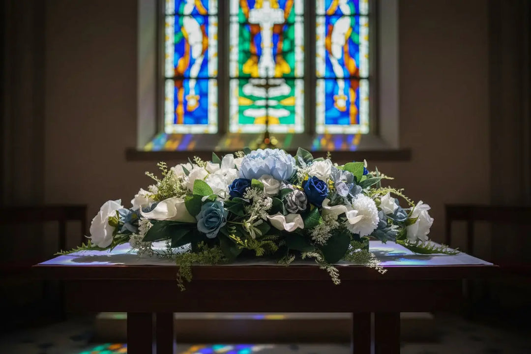Blue And White Artificial Casket Spray Funeral Memorial Flowers Claire De Fleurs