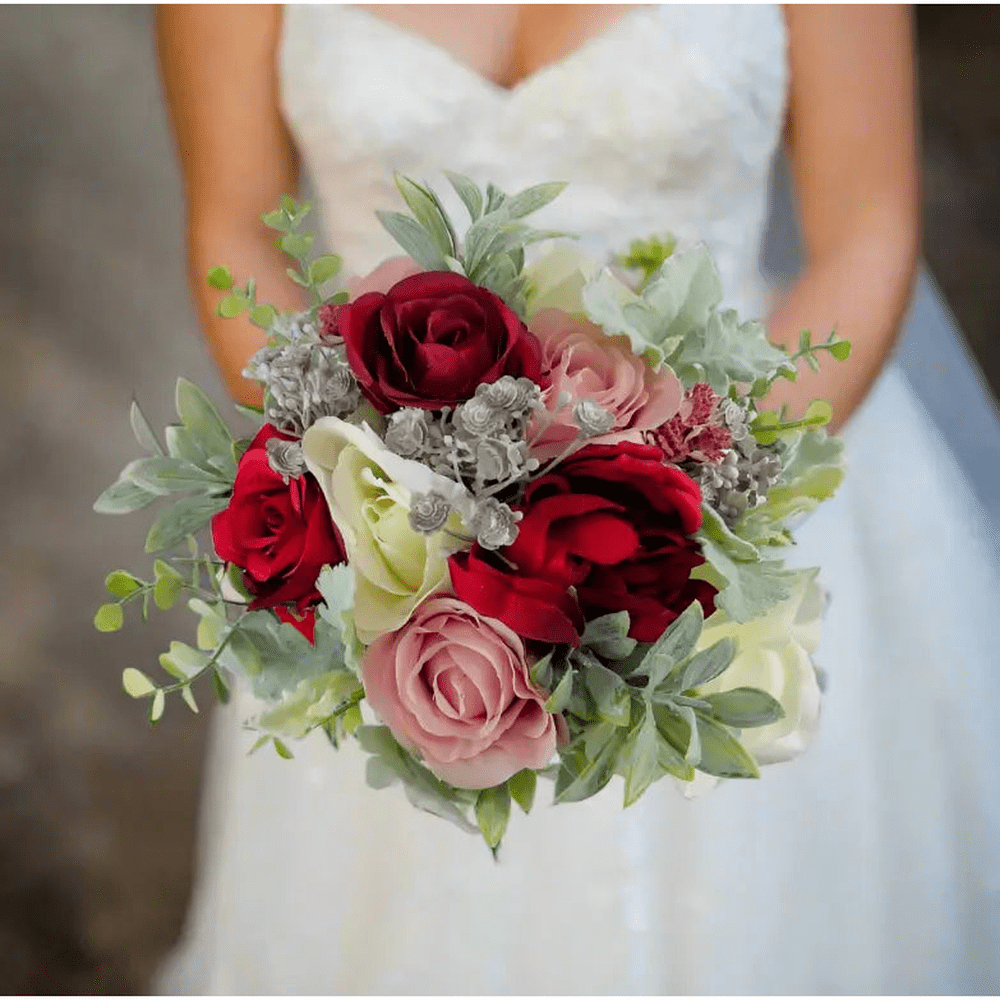 Blush Pink, IvoryAnd Burgundy Rose Wedding Bridal Bouquet - Faux Silk Flowers Wedding Gift  Flowers Claire De Fleurs