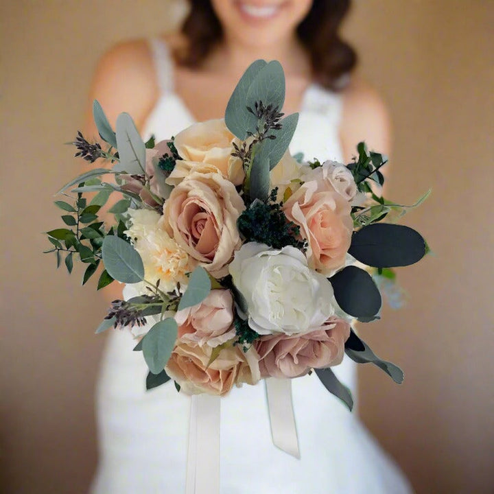 Boho Bridal bouquet Orange, Nude & White Summer peach Wedding Bouquet - Faux Silk Dried Flowers Wedding Flowers Claire De Fleurs