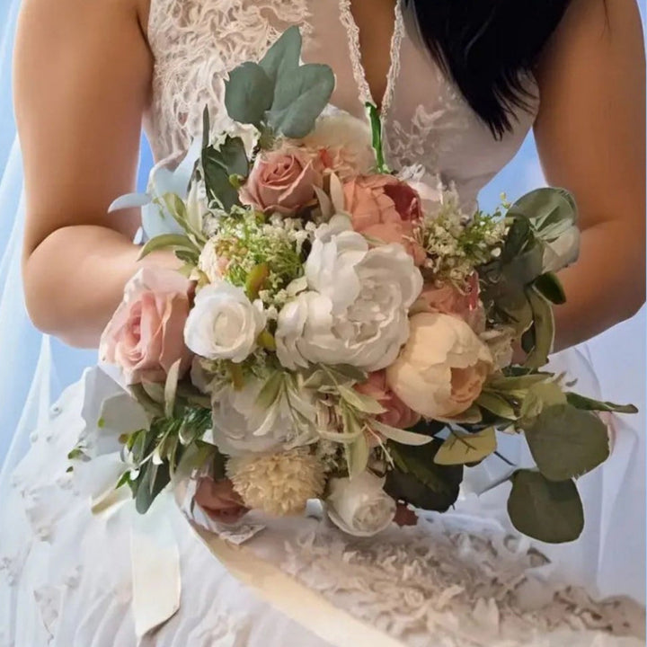 Bridal Package Peach, Nude And White Rose Bouquet Claire De Fleurs