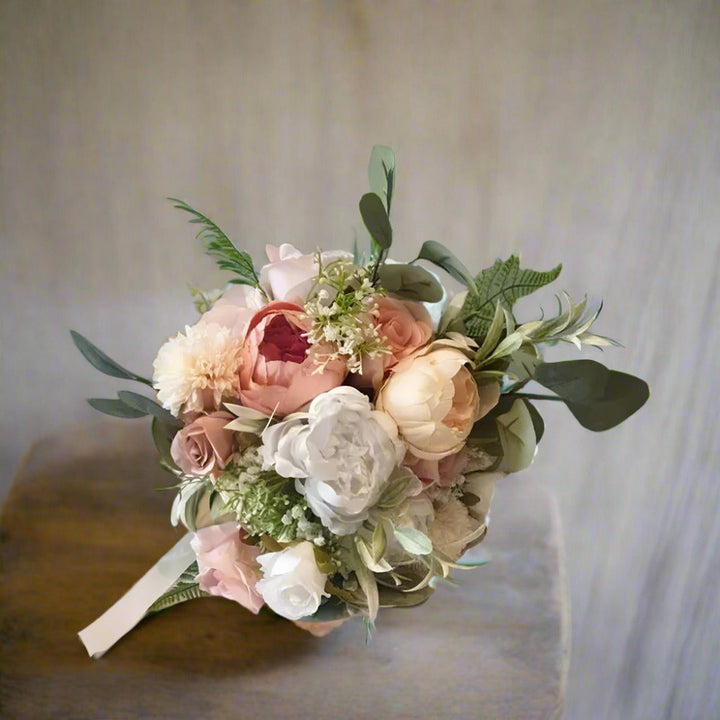 Bridal Package Peach, Nude And White Rose Bouquet Claire De Fleurs