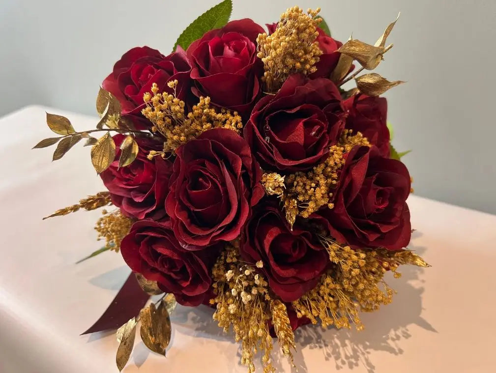 Burgundy And Gold Rose Bouquet Claire De Fleurs