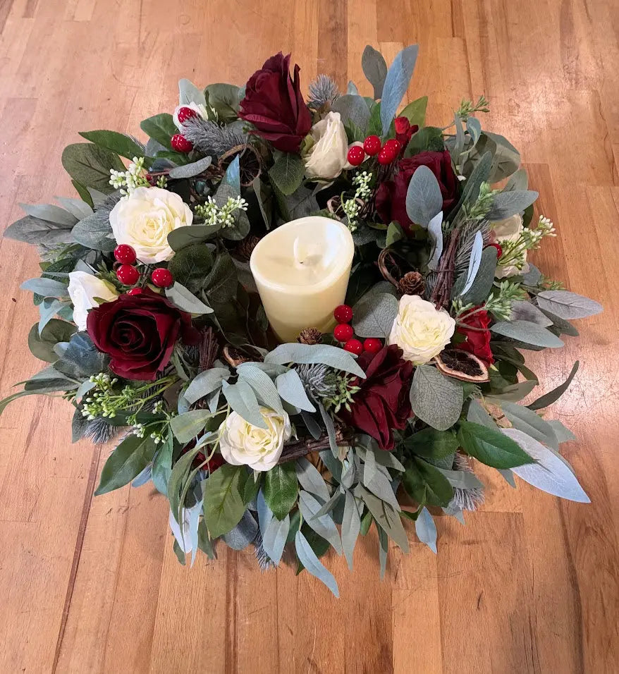 Burgundy & Ivory Christmas Table Centrepiece – Artificial Floral Arrangement Claire De Fleurs