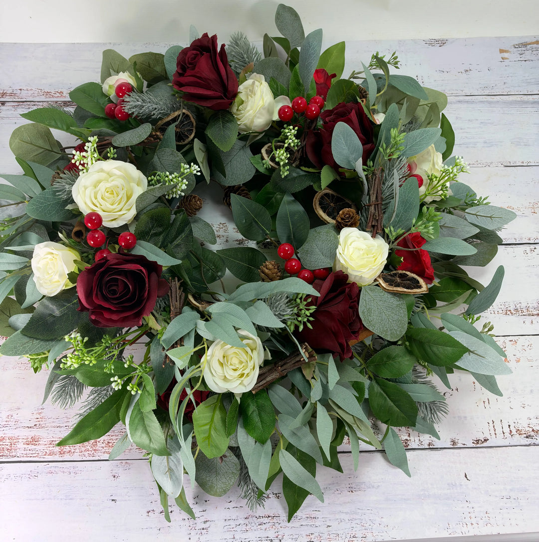Burgundy & Ivory Christmas Table Centrepiece – Artificial Floral Arrangement Claire De Fleurs