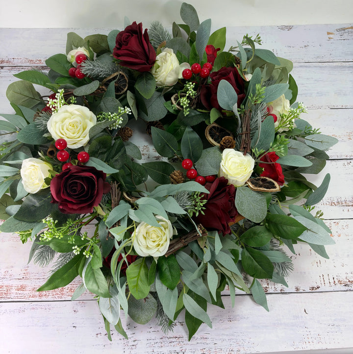 Burgundy & Ivory Christmas Table Centrepiece – Artificial Floral Arrangement Claire De Fleurs