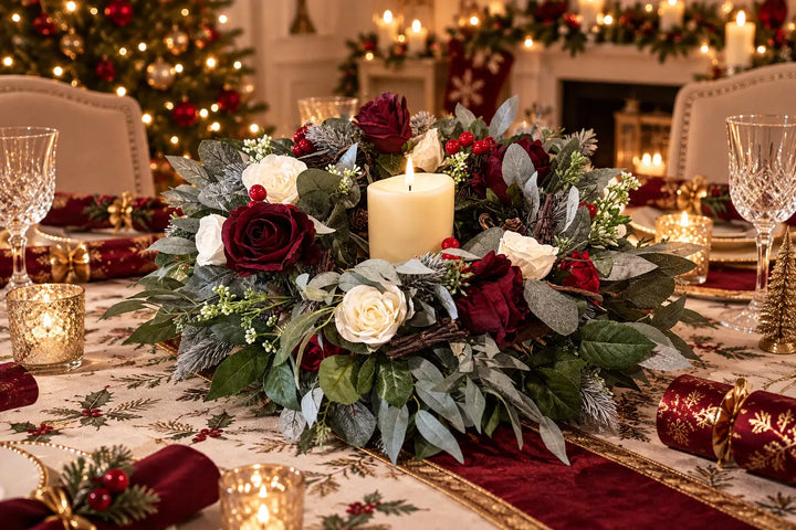 Burgundy & Ivory Christmas Table Centrepiece – Artificial Floral Arrangement Claire De Fleurs