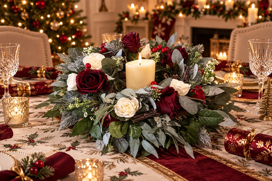Burgundy & Ivory Christmas Table Centrepiece – Artificial Floral Arrangement Claire De Fleurs